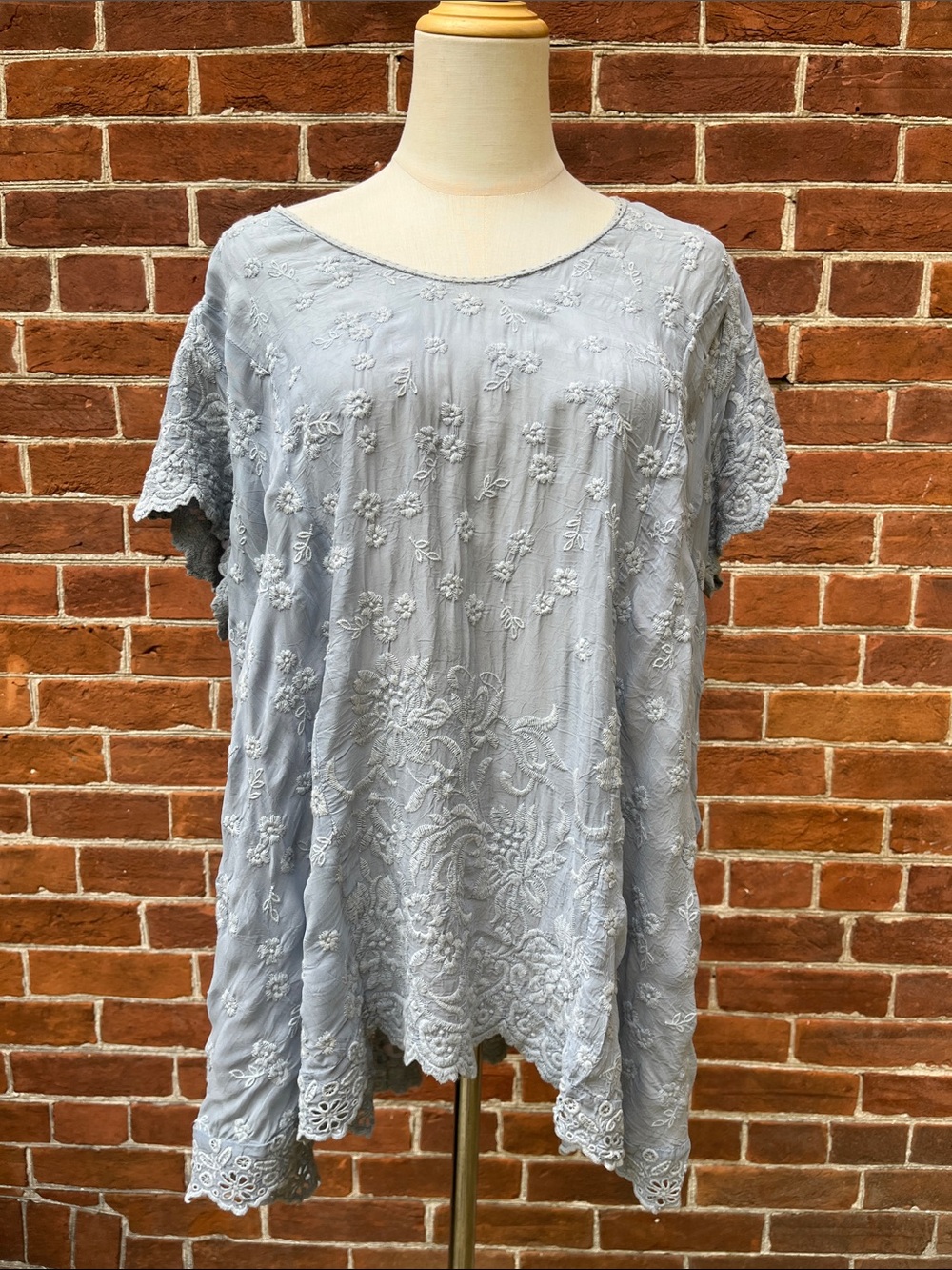 Johnny Was Pale Blue Embroidered Floral Lace Tunic